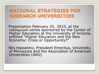 NATIONAL STRATEGIES FOR RESEARCH UNIVERSITIES