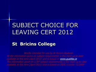 SUBJECT CHOICE FOR LEAVING CERT 2012