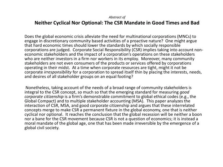 abstract of neither cyclical nor optional the csr mandate in good times and bad