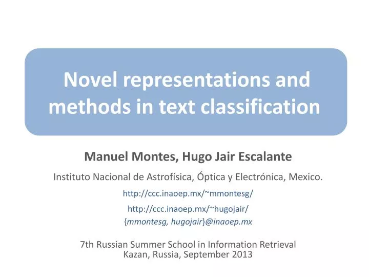 novel representations and methods in text classification