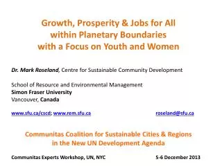Growth, Prosperity &amp; Jobs for All w ithin Planetary Boundaries w ith a Focus on Youth and Women