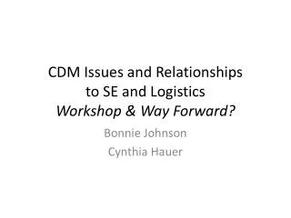 CDM Issues and Relationships to SE and Logistics Workshop &amp; Way Forward?