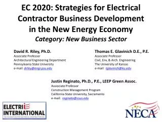 EC 2020: Strategies for Electrical Contractor Business Development in the New Energy Economy Category: New Business