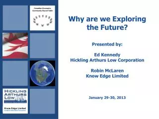 Why are we Exploring the Future? Presented by: Ed Kennedy Hickling Arthurs Low Corporation Robin McLaren Know Edge Limit