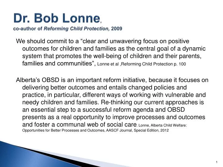dr bob lonne co author of reforming child protection 2009