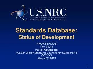 Standards Database: Status of Development