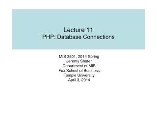 Lecture 11 PHP: Database Connections