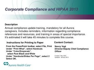 Corporate Compliance and HIPAA 2013