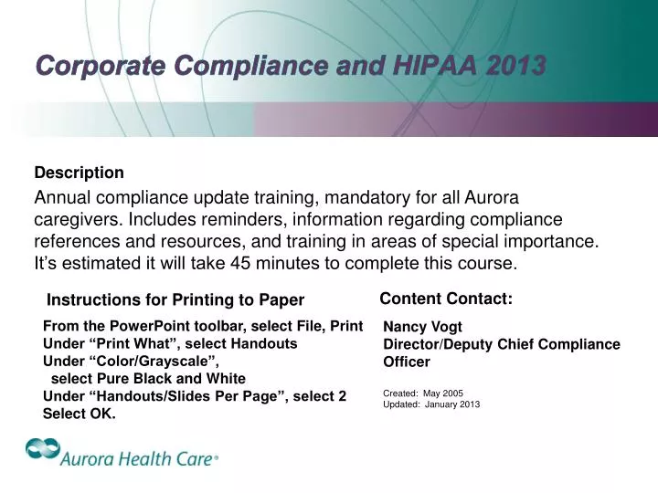 corporate compliance and hipaa 2013