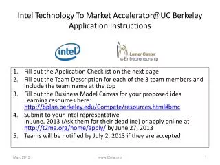 Intel Technology To Market Accelerator@UC Berkeley Application Instructions