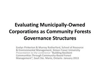 Evaluating Municipally-Owned Corporations as Community Forests Governance Structures