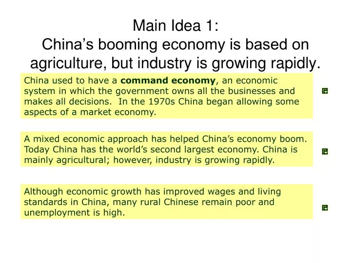 main idea 1 china s booming economy is based on agriculture but industry is growing rapidly