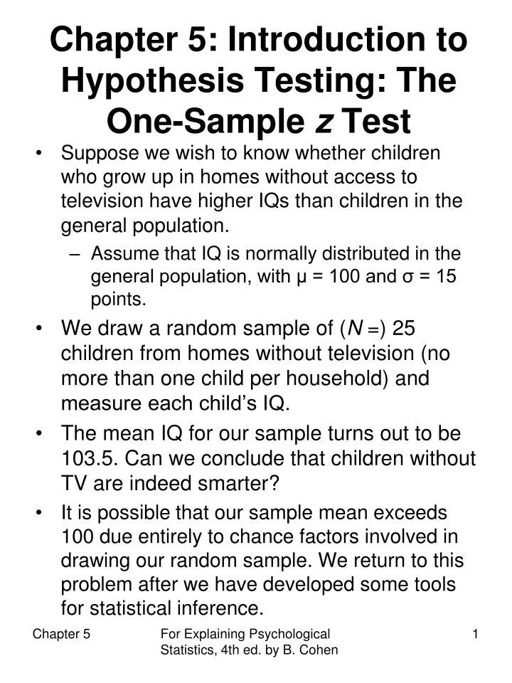 chapter 5 introduction to hypothesis testing the one sample z test