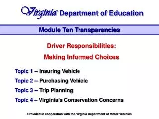 Driver Responsibilities: Making Informed Choices Topic 1 -- Insuring Vehicle Topic 2 -- Purchasing Vehicle Topic 3 --