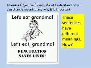 Learning Objective: Punctuation! Understand how it can change meaning and why it is important.