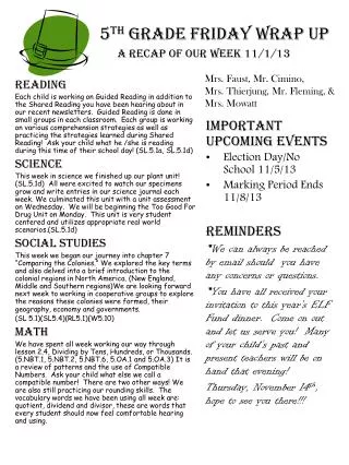 5 th Grade Friday Wrap up A recap of our week 11/1/13