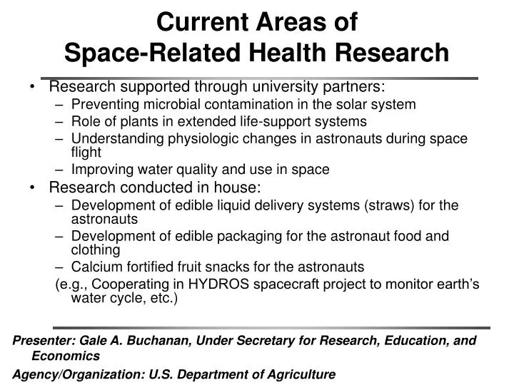 current areas of space related health research