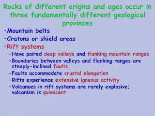 Rocks of different origins and ages occur in three fundamentally different geological provinces