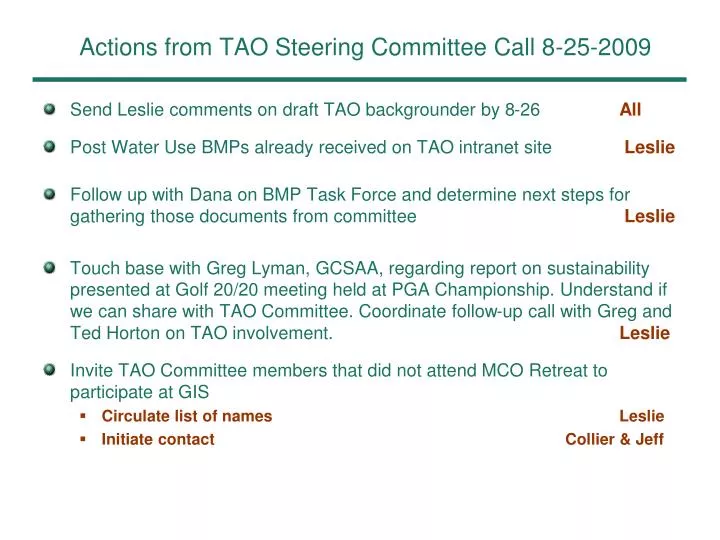actions from tao steering committee call 8 25 2009