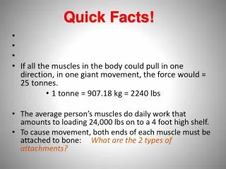 If all the muscles in the body could pull in one direction, in one giant movement, the force would = 25 tonnes. 1 tonne