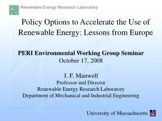 Policy Options to Accelerate the Use of Renewable Energy: Lessons from Europe