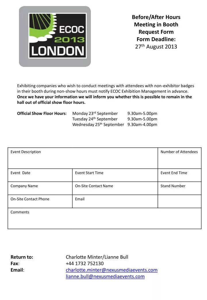 before after hours meeting in booth request form form deadline 27 th august 2013