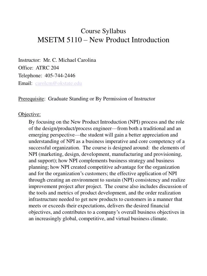 course syllabus msetm 5110 new product introduction