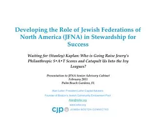 Developing the Role of Jewish Federations of North America (JFNA) in Stewardship for Success