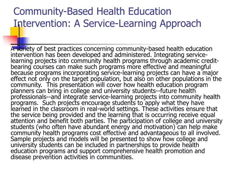 community based health education intervention a service learning approach