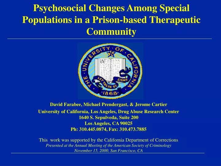 psychosocial changes among special populations in a prison based therapeutic community