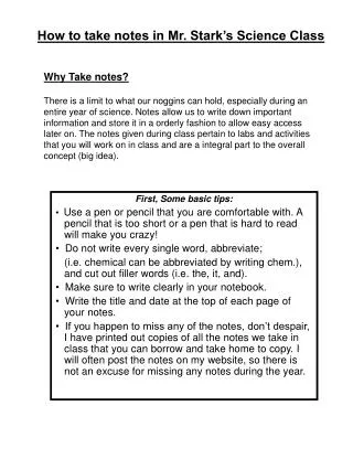 how to take notes in mr stark s science class