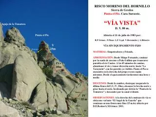 RISCO MORENO DEL HORNILLO Sierra de Gredos Punta el Pío . Cara Suroeste. “VÍA VISTA” D. V. 80 m. Abierta el 11 de julio