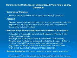 Manufacturing Challenges in Silicon-Based Photovoltaic Energy Generation