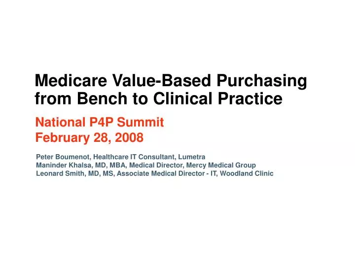 medicare value based purchasing from bench to clinical practice