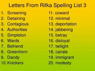 Letters From Rifka Spelling List 3