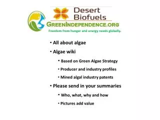 All about algae Algae wiki Based on Green Algae Strategy Producer and industry profiles Mined algal industry patents