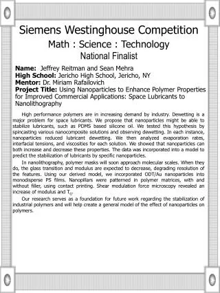 Siemens Westinghouse Competition Math : Science : Technology National Finalist