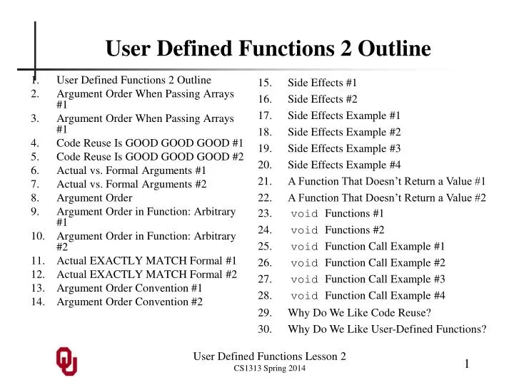 user defined functions 2 outline