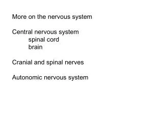 More on the nervous system Central nervous system 	spinal cord 	brain Cranial and spinal nerves Autonomic nervous system