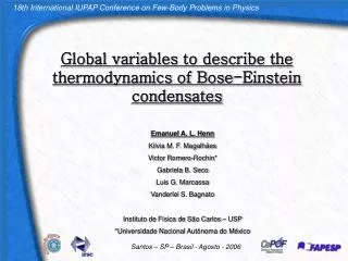 Global variables to describe the thermodynamics of Bose-Einstein condensates