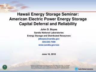 Hawaii Energy Storage Seminar: American Electric Power Energy Storage Capital Deferral and Reliability