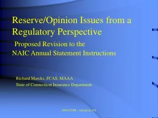 Reserve/Opinion Issues from a Regulatory Perspective Proposed Revision to the NAIC Annual Statement Instructions
