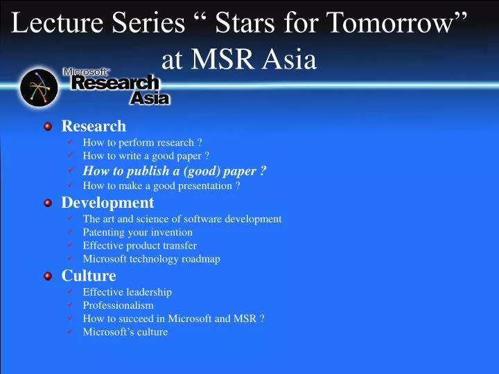 lecture series stars for tomorrow at msr asia
