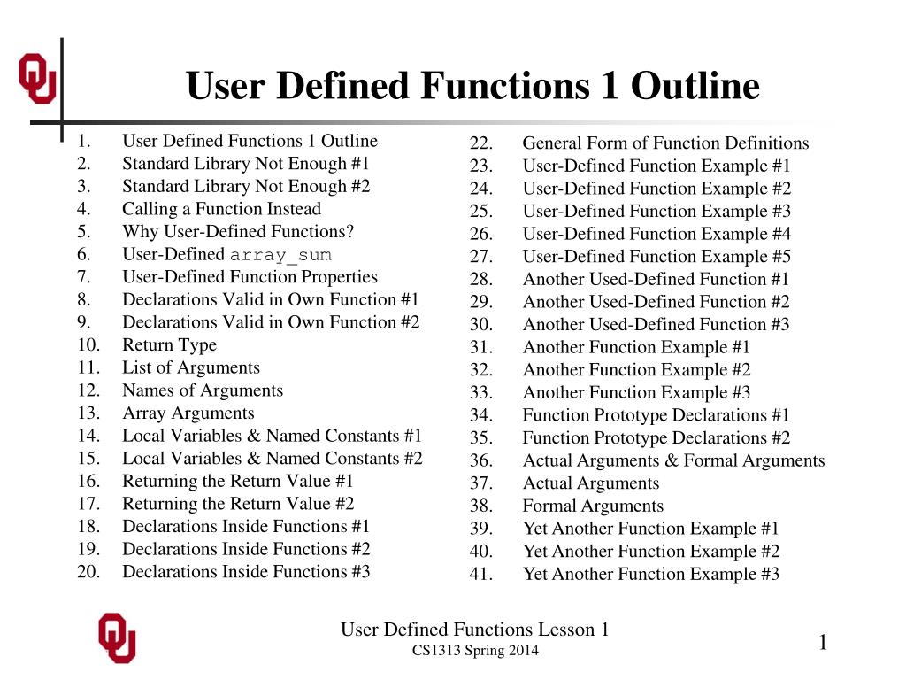 PPT - User Defined Functions 1 Outline PowerPoint Presentation, free ...