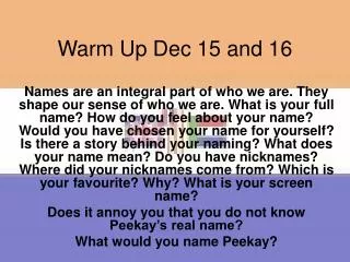 warm up dec 15 and 16