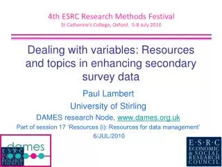 Dealing with variables: Resources and topics in enhancing secondary survey data