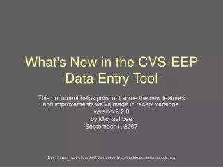 What's New in the CVS-EEP Data Entry Tool