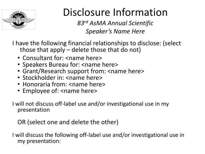 disclosure information 83 rd asma annual scientific speaker s name here