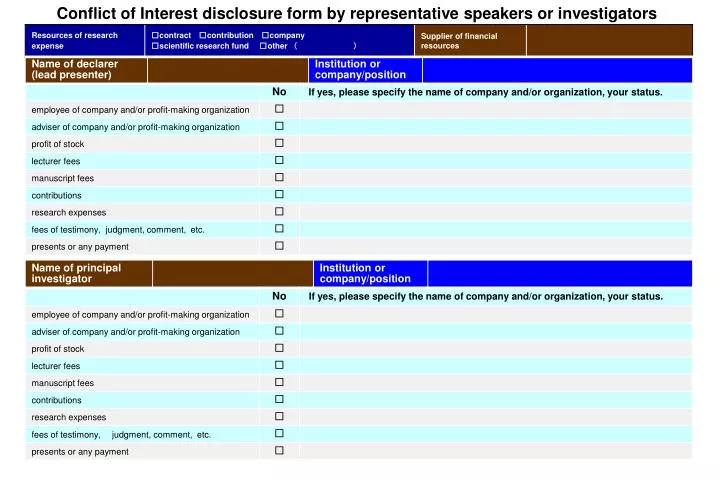 conflict of interest disclosure form by representative speakers or investigators