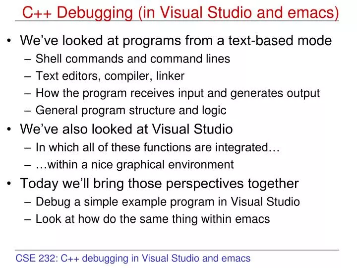 c debugging in visual studio and emacs